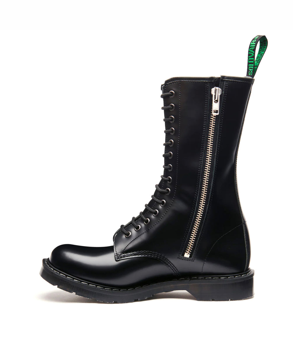 Solovair Black Hi Shine 14 Eyelet Mid Calf Zip Boot Made In England