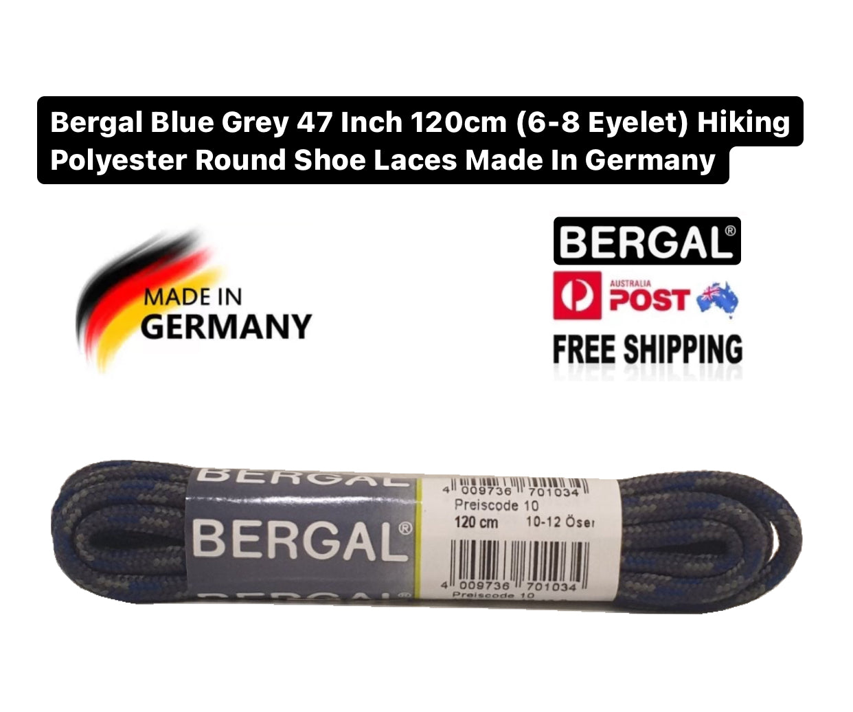 Bergal Blue Grey 47 Inch 120cm (6-8 Eyelet) Hiking Polyester Round Shoe Laces Made In Germany