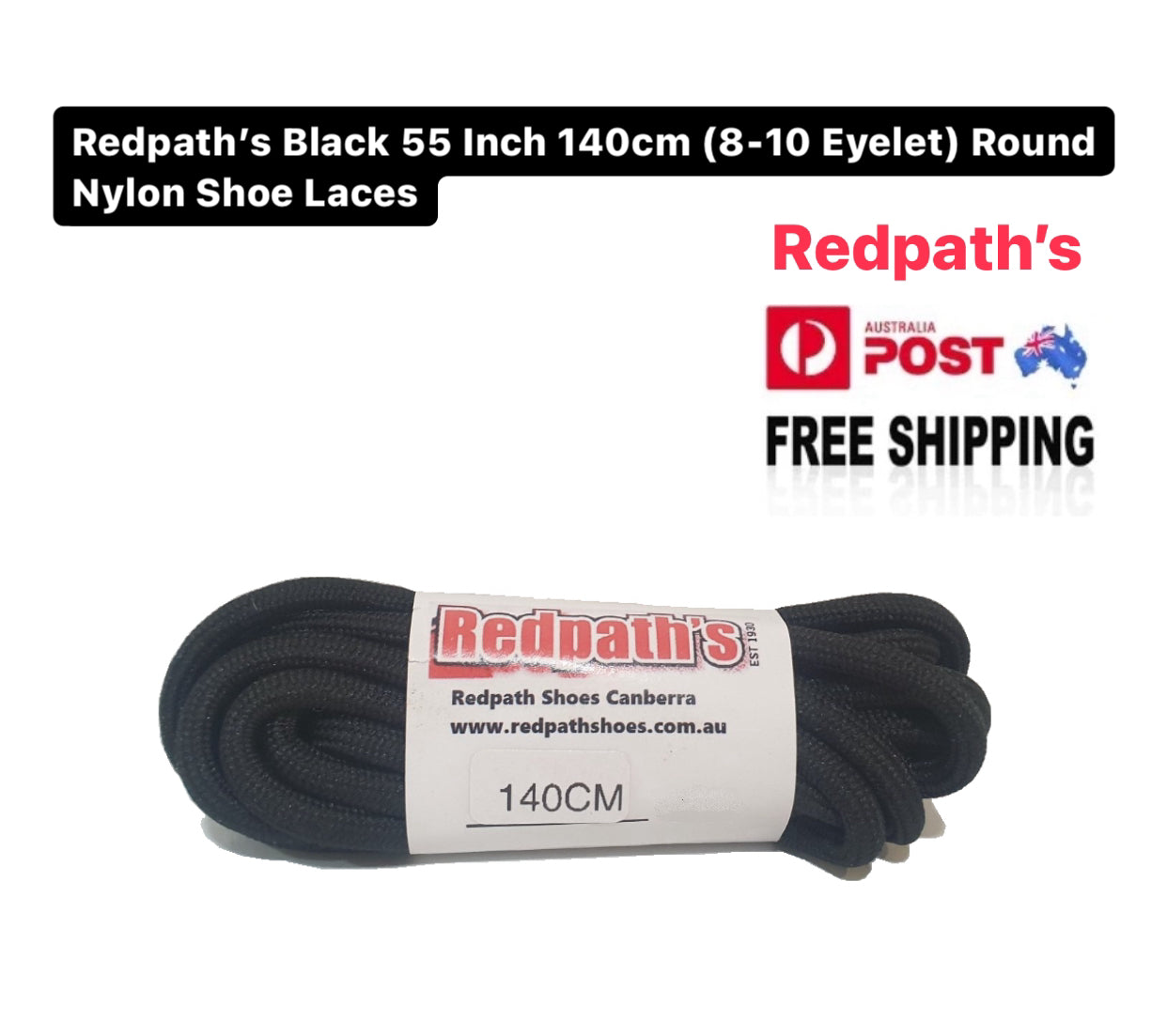 Redpath’s Black 55 Inch 140cm (8-10 Eyelet) Round Nylon Shoe Laces