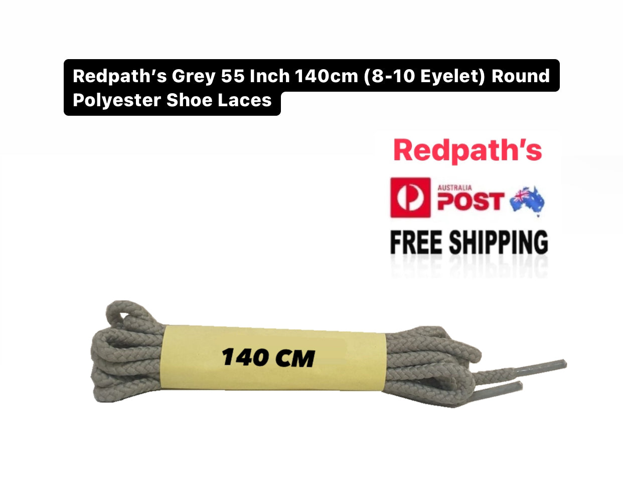 Redpath’s Grey 55 Inch 140cm (8-10 Eyelet) Round Polyester Shoe Laces
