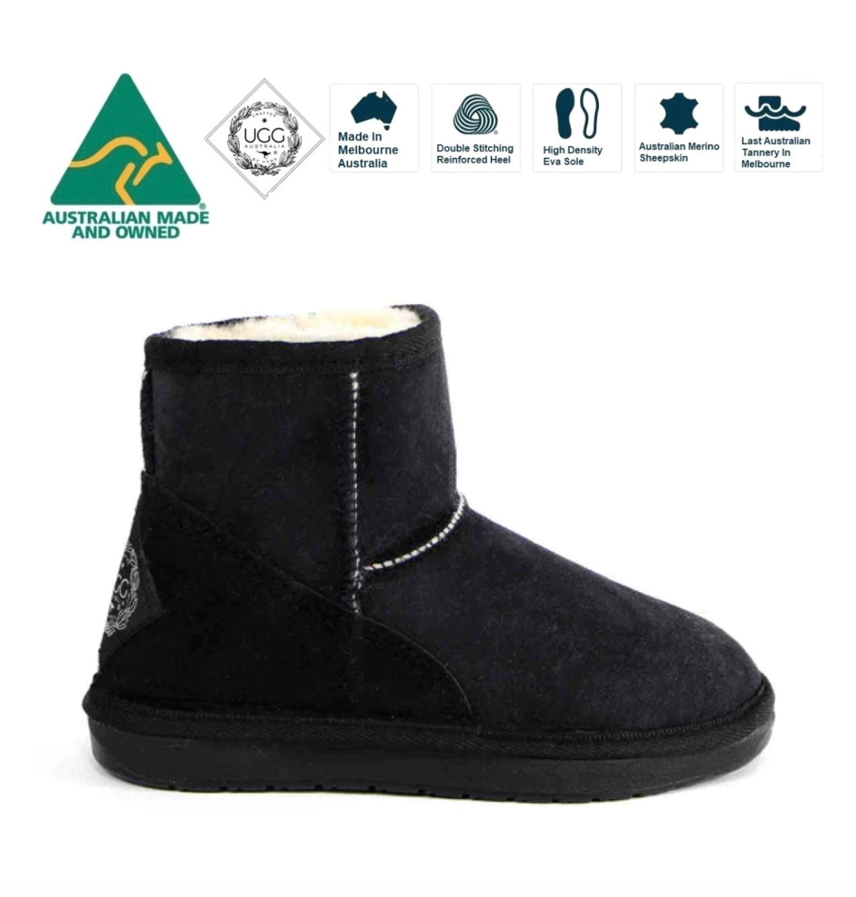 Ugg Australia Mini Black Cream Sheepskin Ankle Boot Made In Australia