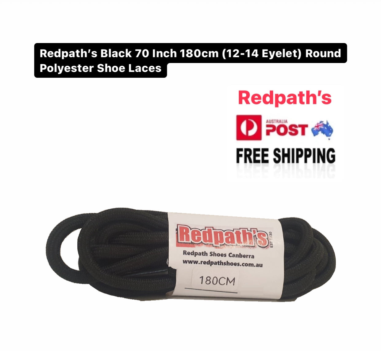 Redpath’s Black 70 Inch 180cm (12-14 Eyelet) Round Polyester Shoe Laces