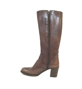 Old Florence 82102 Tamponato T.Moro Brown Double Buckle Zip Knee High Boot Made In Italy