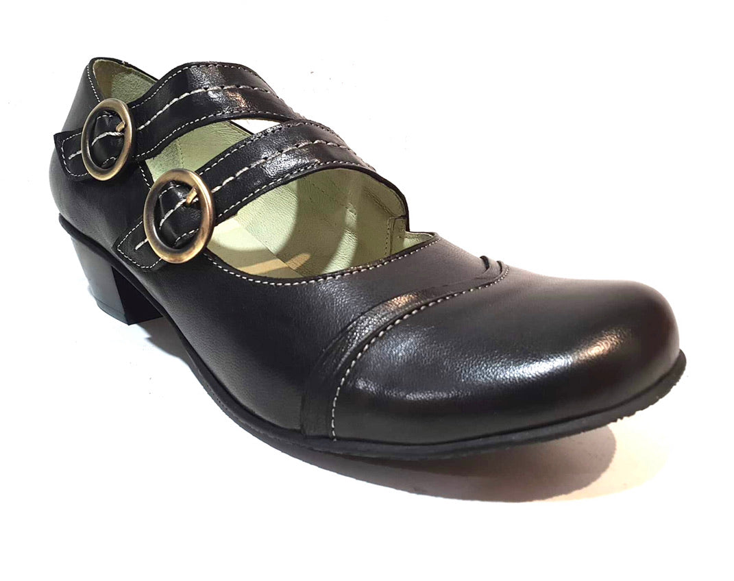 Mentha Alt Black Leather Women’s Court Shoes Mary Jane Double Buckle Velcro Made In Portugal
