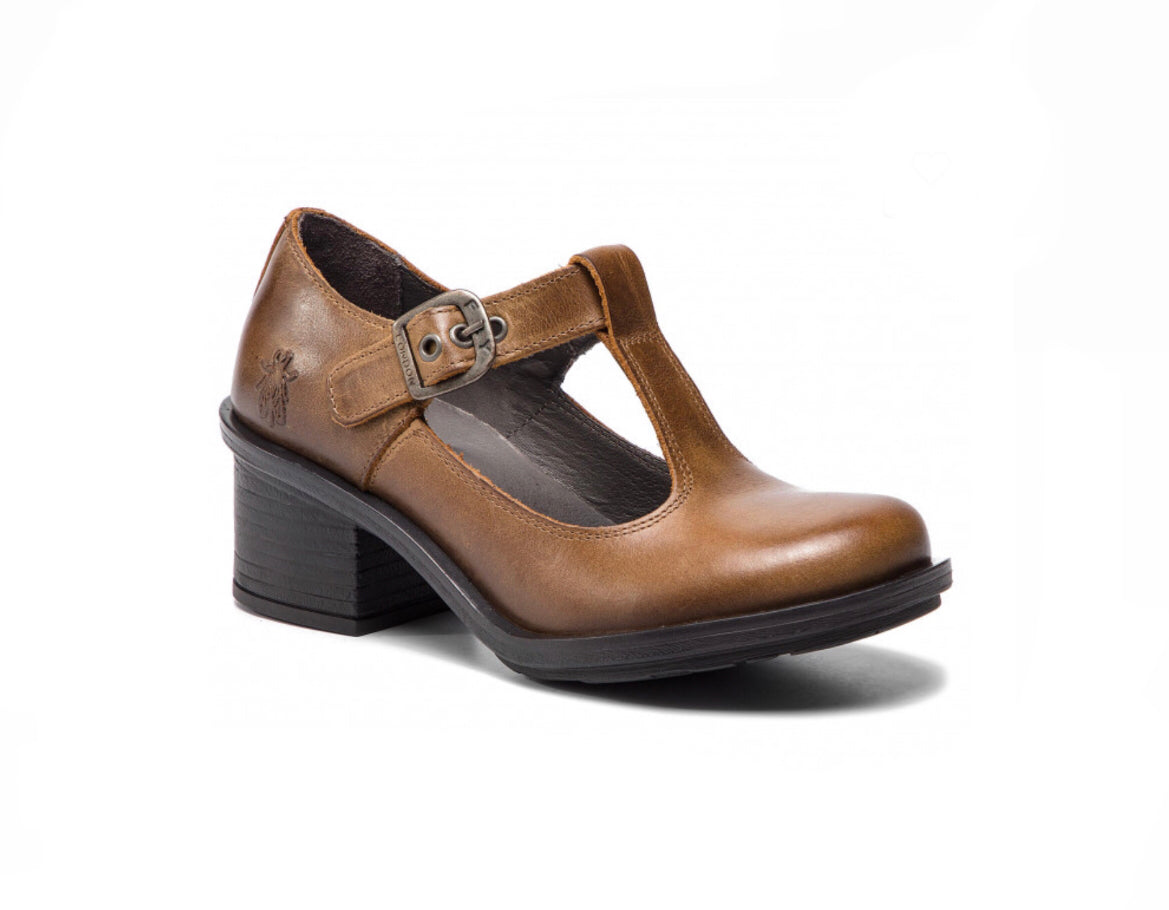 Fly London Cady180fly Camel T-Bar Court Shoe Made In Portugal