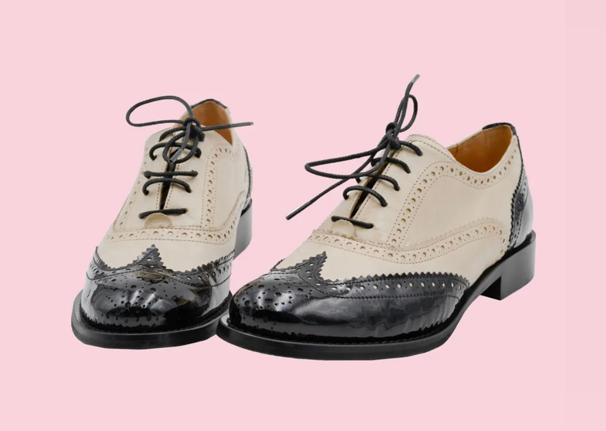 Rock n’ Dot 6904 Emily Black Coffee Cream Patent Leather 5 Eyelet Brogue Made In Portugal