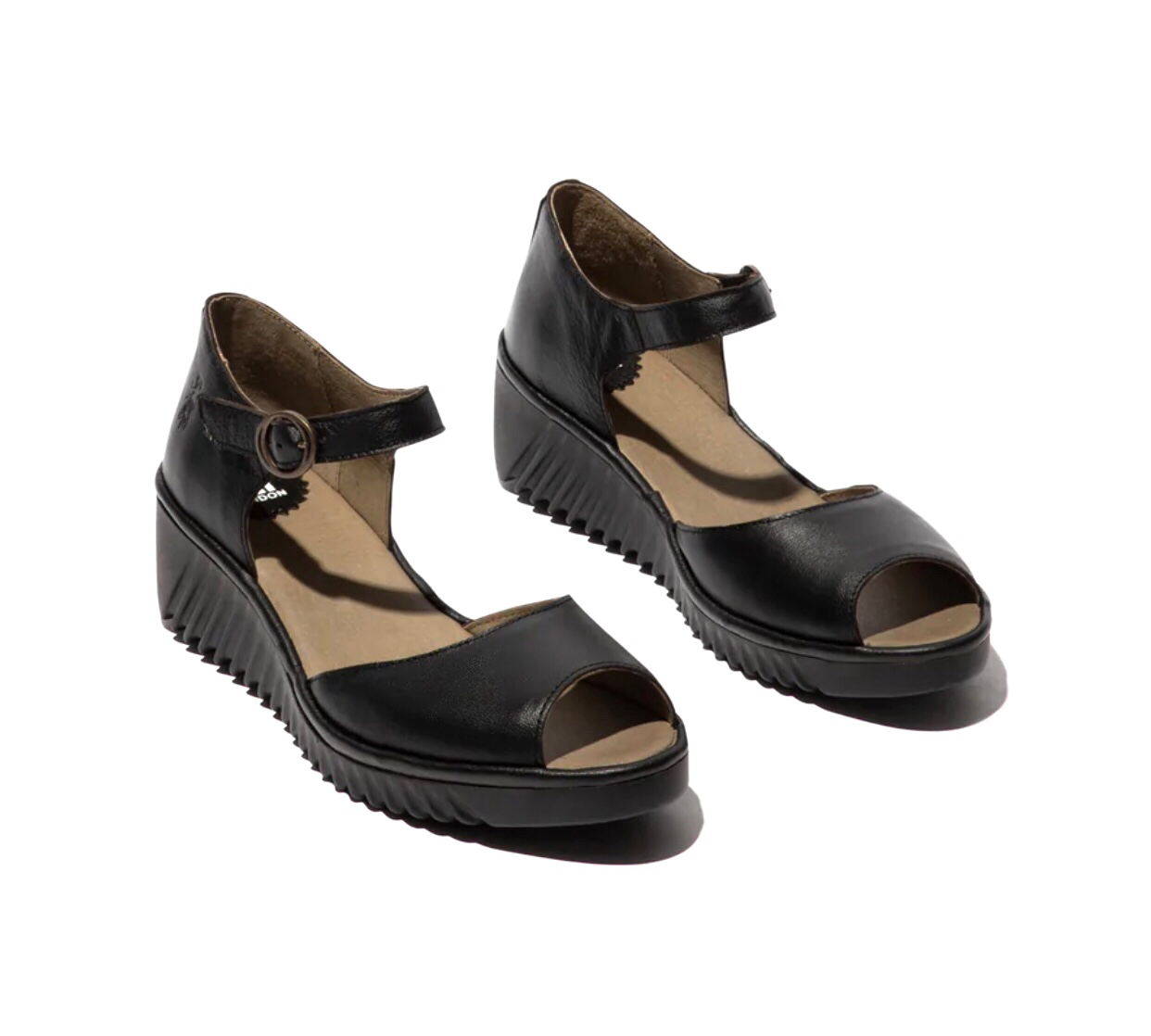 Fly London Lene383Fly Black Mousse Open Toe Wedges Made In Portugal
