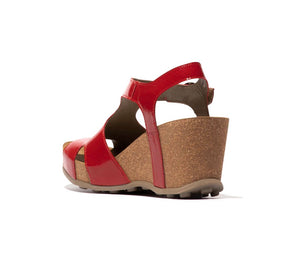 Fly London Goda856Fly Red Patent Luxor Open Toe Wedge Sandals Made In Portugal