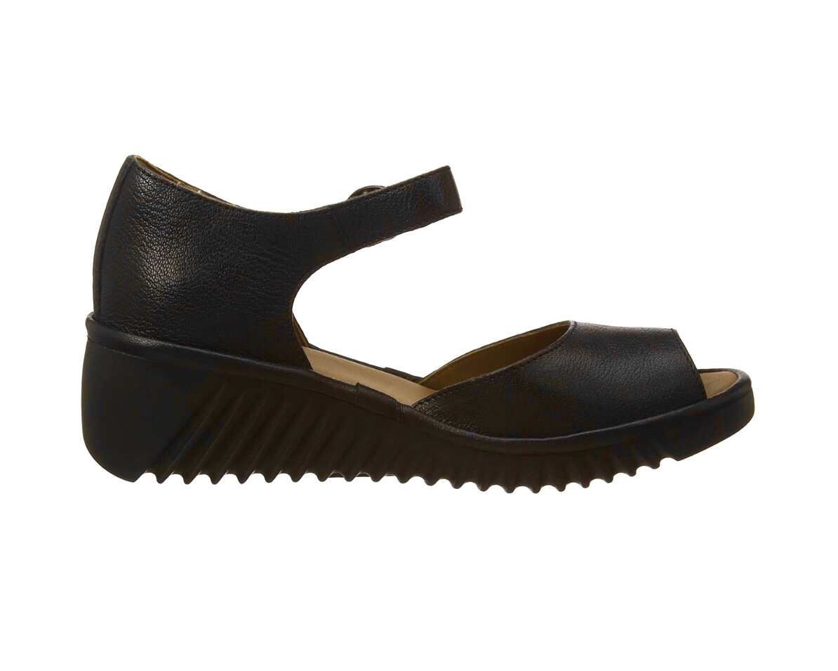 Fly London Lene383Fly Black Mousse Open Toe Wedges Made In Portugal