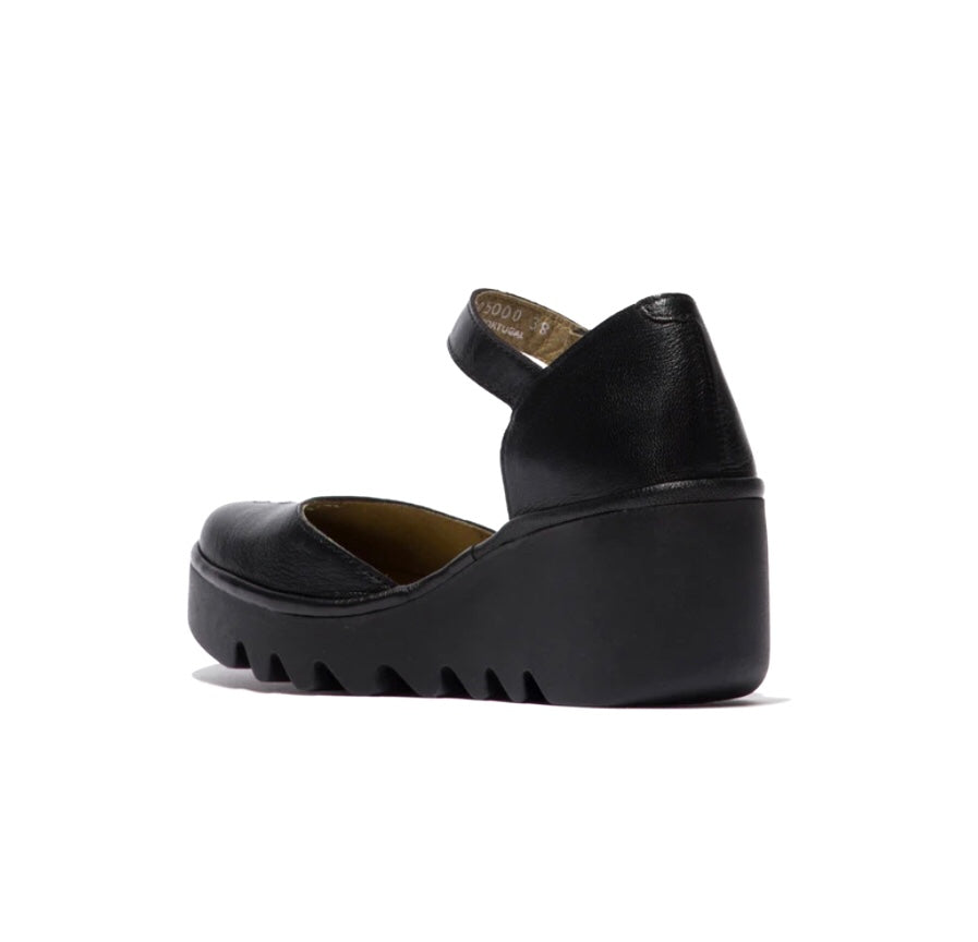 Fly London Biso305Fly Black Leather Mousse Wedges Made In Portugal