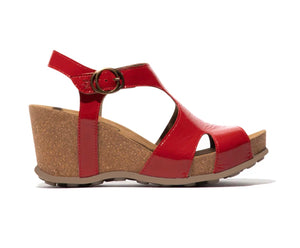 Fly London Goda856Fly Red Patent Luxor Open Toe Wedge Sandals Made In Portugal