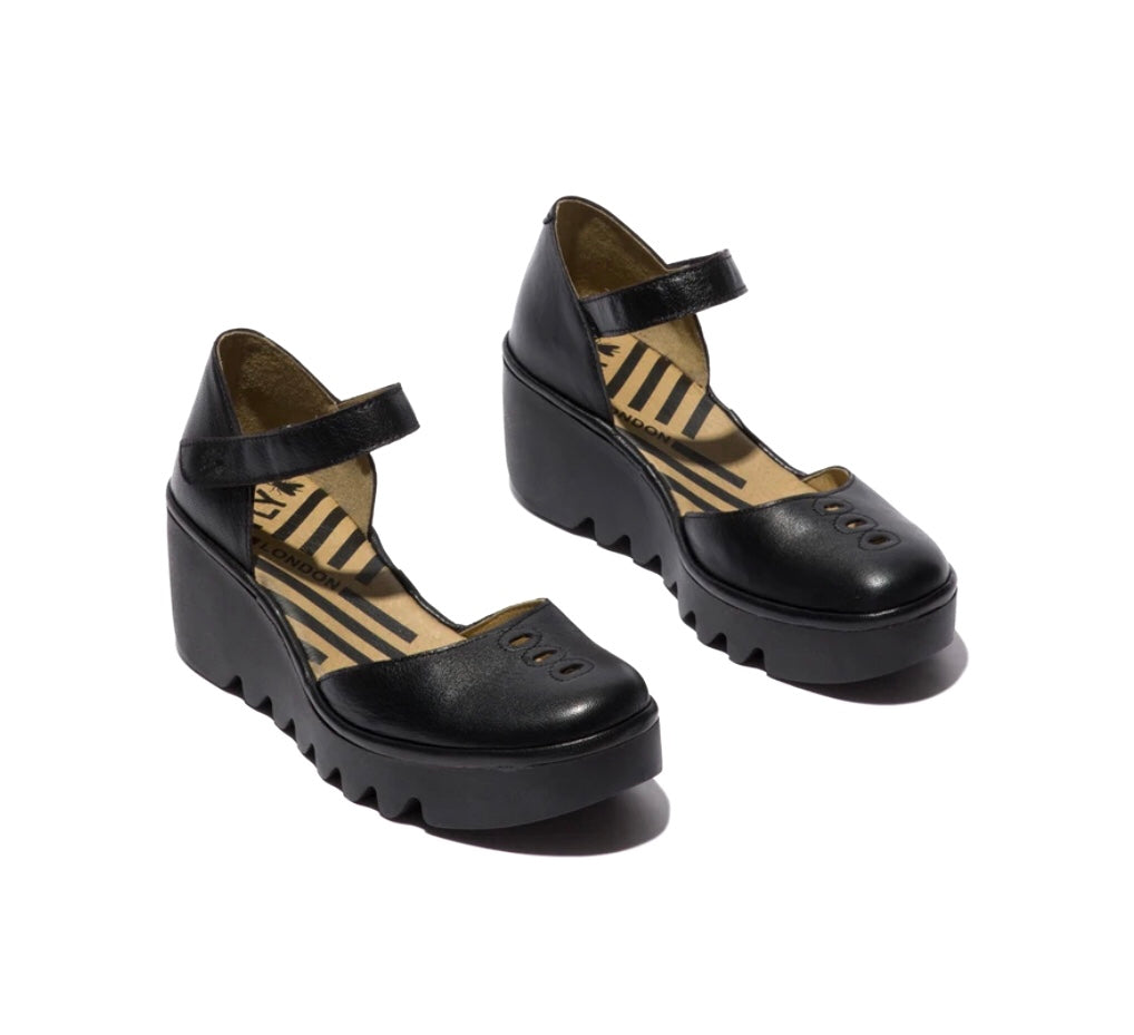 Fly London Biso305Fly Black Leather Mousse Wedges Made In Portugal