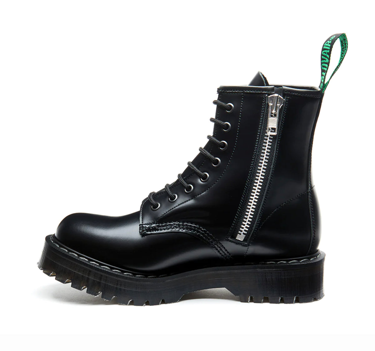 Solovair Black Hi-Shine Eyelet Zipped Platform Derby Boot Made