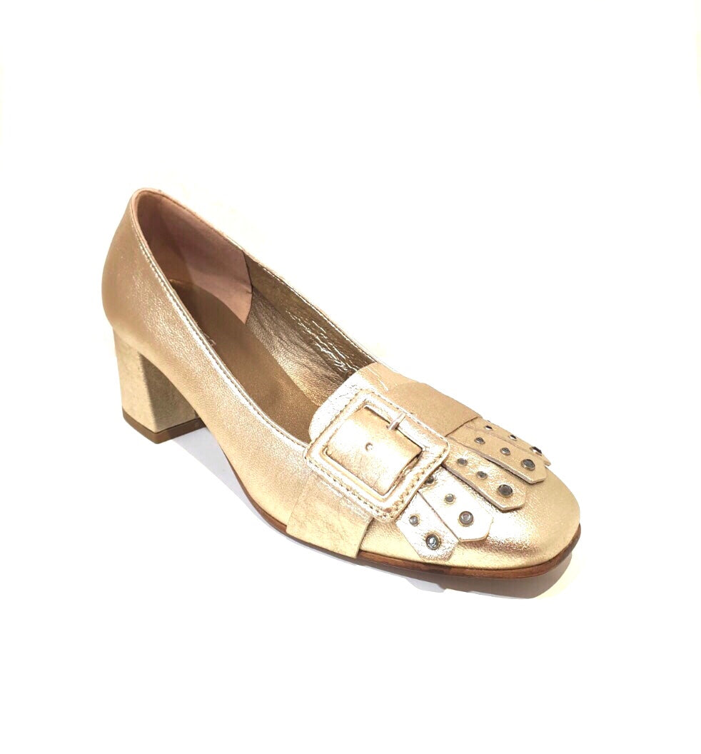 Progetto S161 Rock Platino Metallic Gold Buckle Tassel Court Shoe Made In Italy