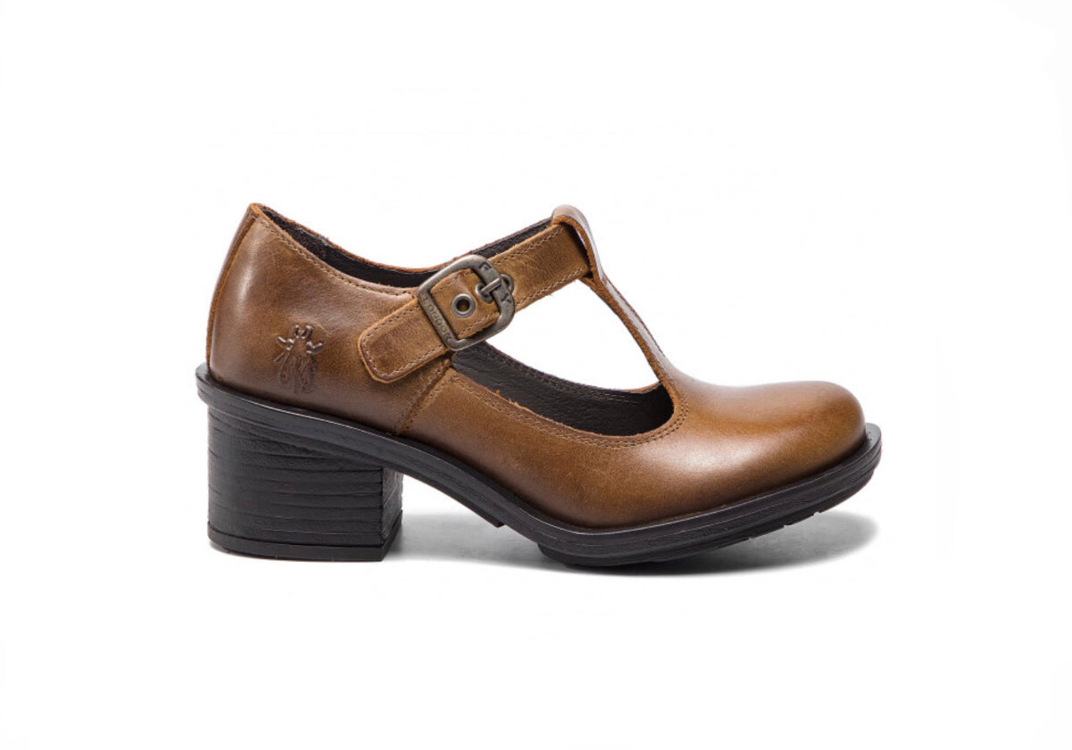 Fly London Cady180fly Camel T-Bar Court Shoe Made In Portugal