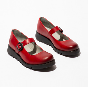 Fly London Samp132Fly Red Rug Leather Buckle Mary Jane Wedges Made In Portugal