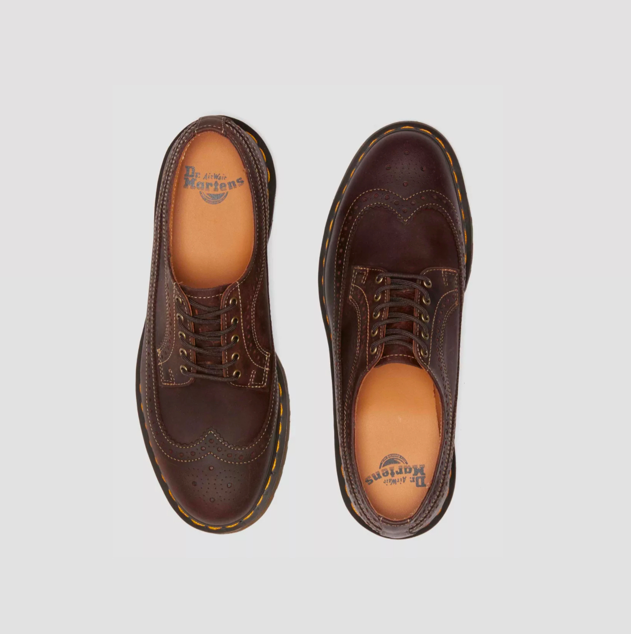 Dr. Martens 3989 Dark Brown Crazy Horse Leather Yellow Stitch Brogue 5 Eyelet Shoe