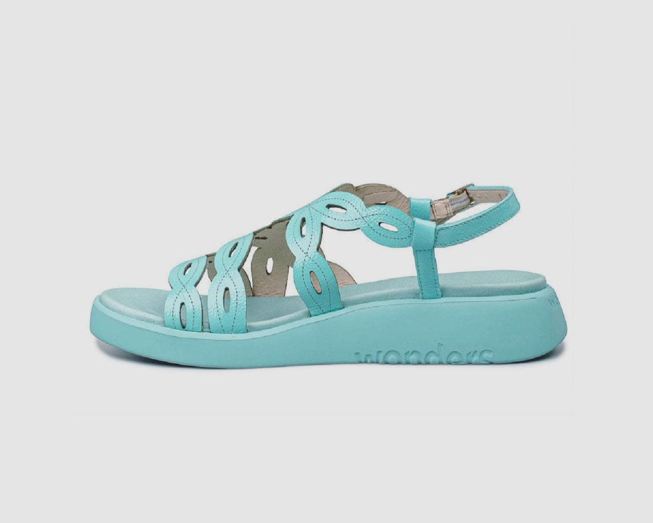 Wonders C-6542 Darya Sea Turquoise Light Blue Lack V Patent Leather Buckle Sandal Made In Spain