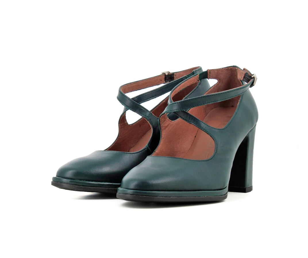 Wonders M-5131 Irati Dark Green Bora Leather Buckle Double Strap Court Shoe Made In Spain