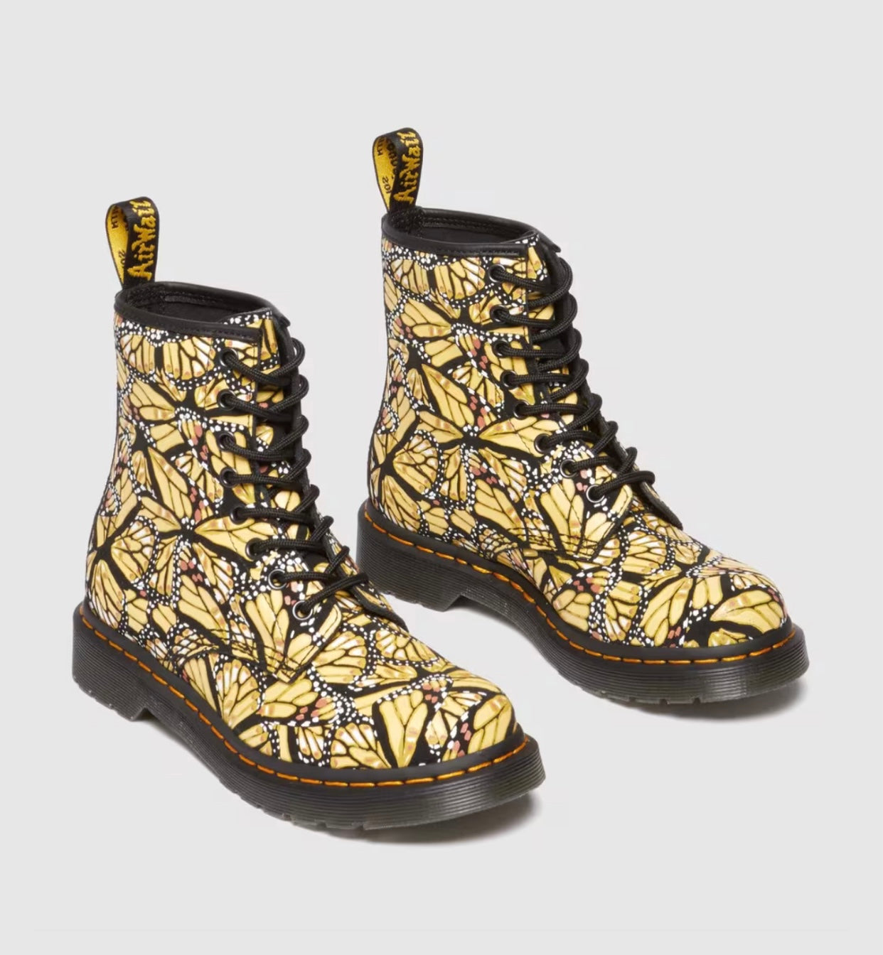 Dr. Martens 1460 W Yellow Butterfly Print Suede Layered Wing Floral Ankle 8 Eyelet Boot