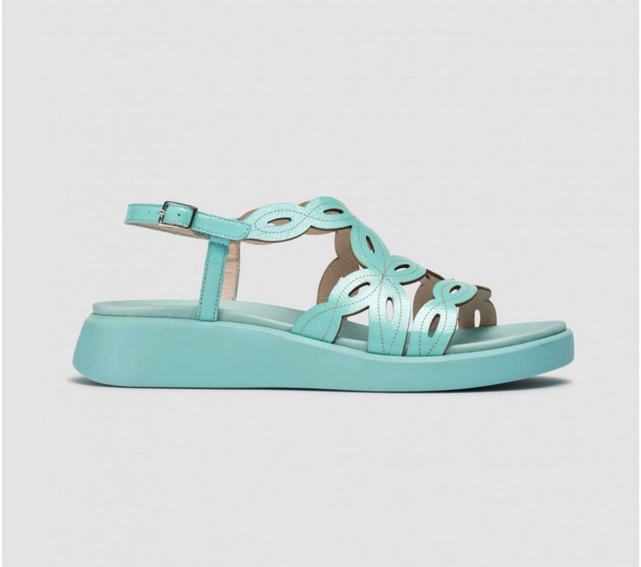 Wonders C-6542 Darya Sea Turquoise Light Blue Lack V Patent Leather Buckle Sandal Made In Spain
