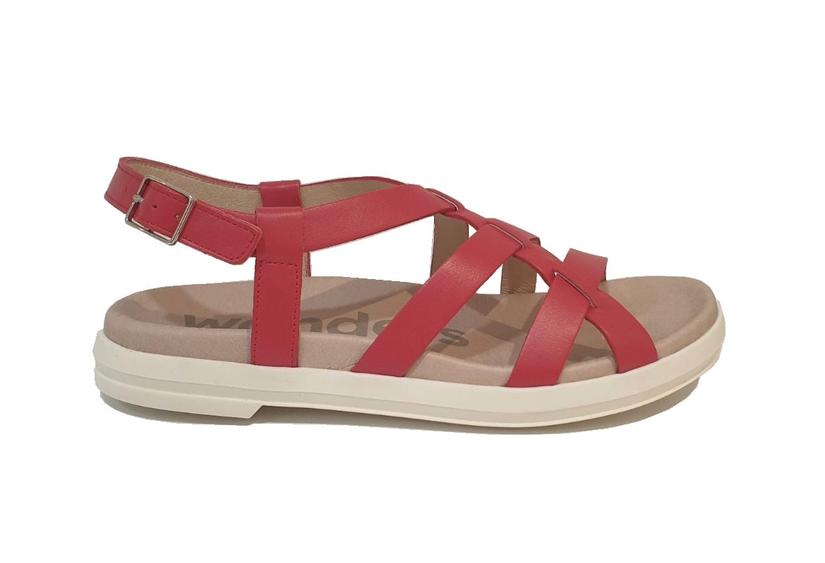 Wonders B-7433 Rojo Red Iseo V Toni Leather Buckle Sandal Made In Spain