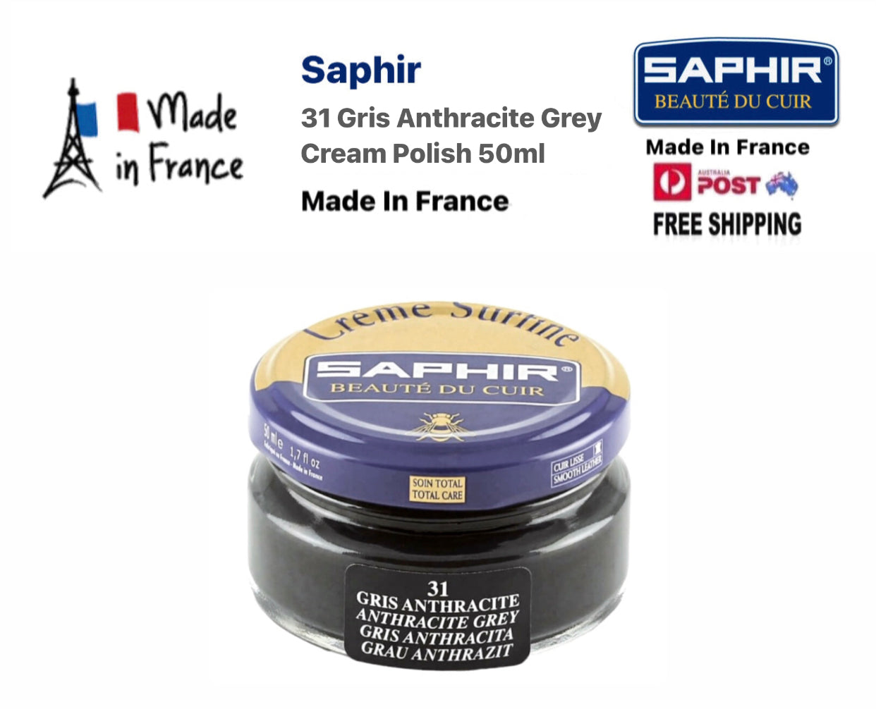 Saphir 31 Gris Anthracite Grey Renovating Cream Polish 50ml Made In France