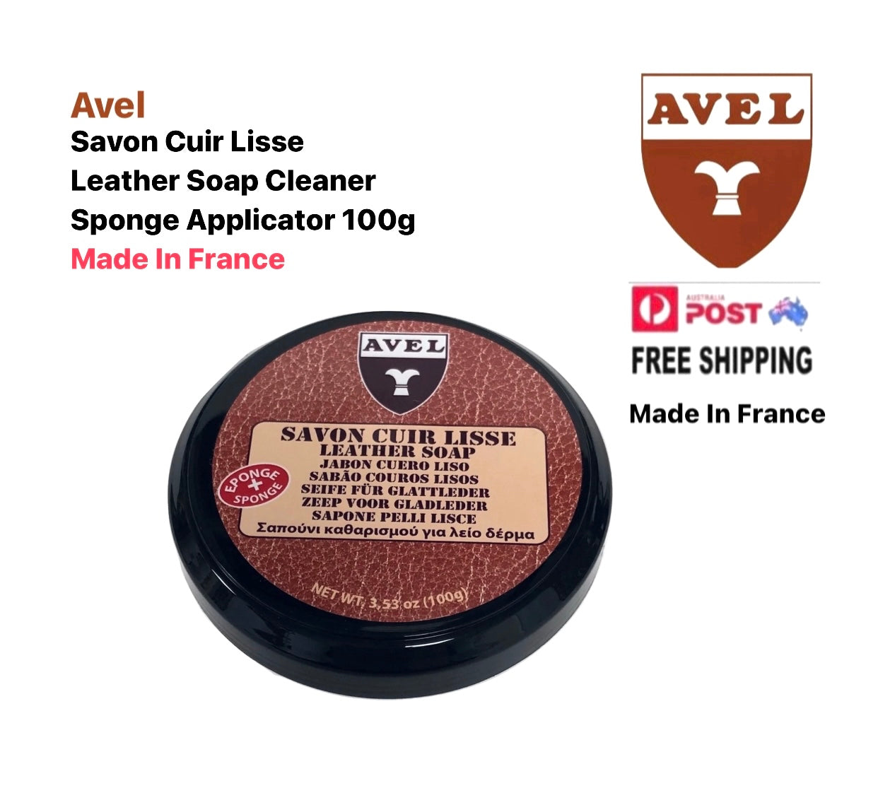 Avel Savon Cuir Lisse Leather Soap Cleaner Sponge Applicator 100g Made In France