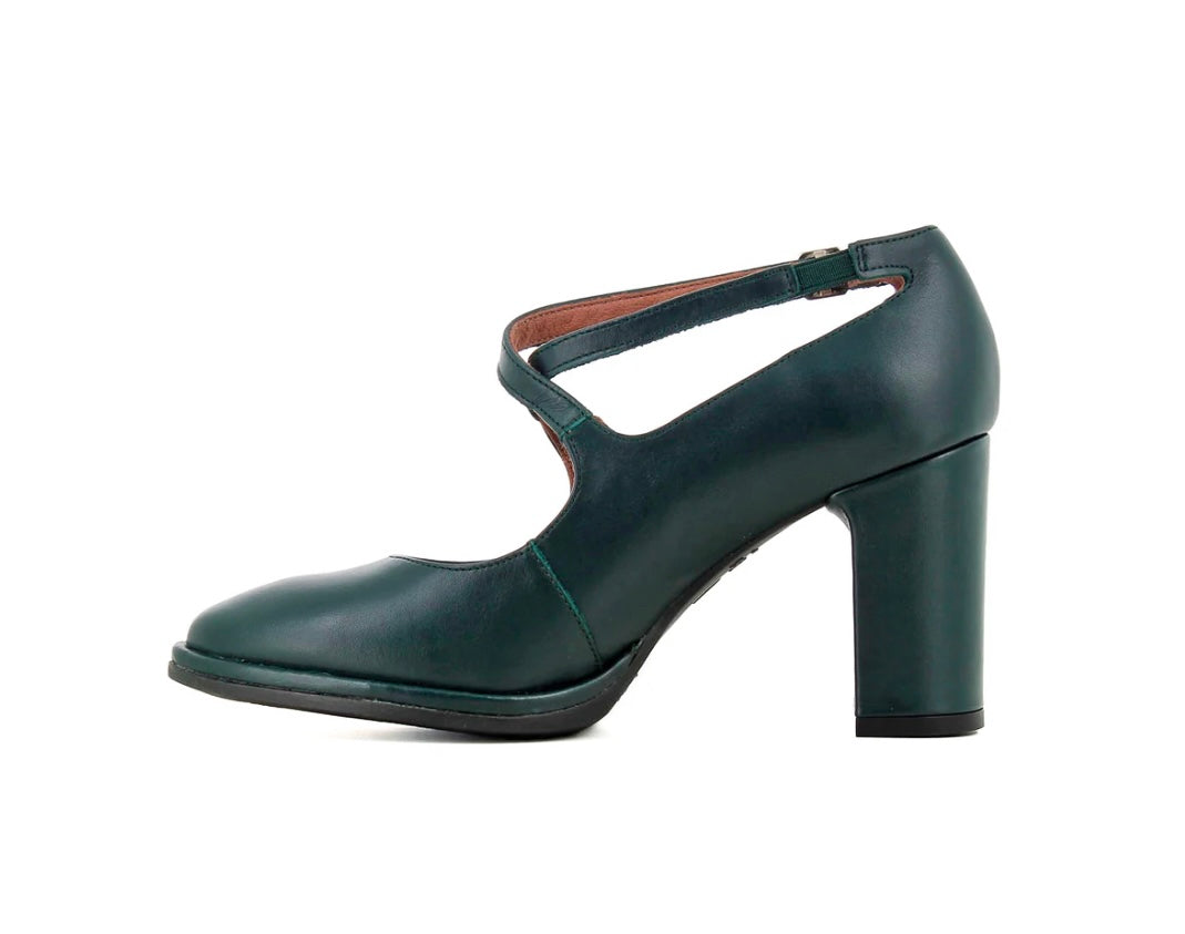Wonders M-5131 Irati Dark Green Bora Leather Buckle Double Strap Court Shoe Made In Spain