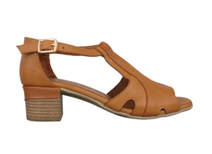 Sala Europe Noeli Coconut Light Tan Open Toe T-Bar Court Shoe Made In Turkey