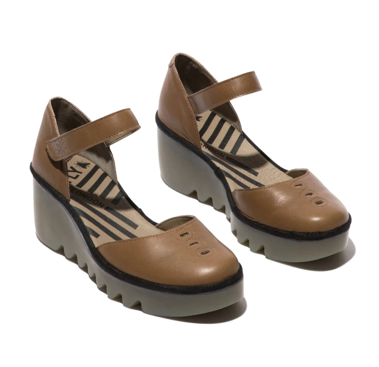 Fly London Biso305Fly Ceralin Ground Taupe Leather Wedges Made In Portugal