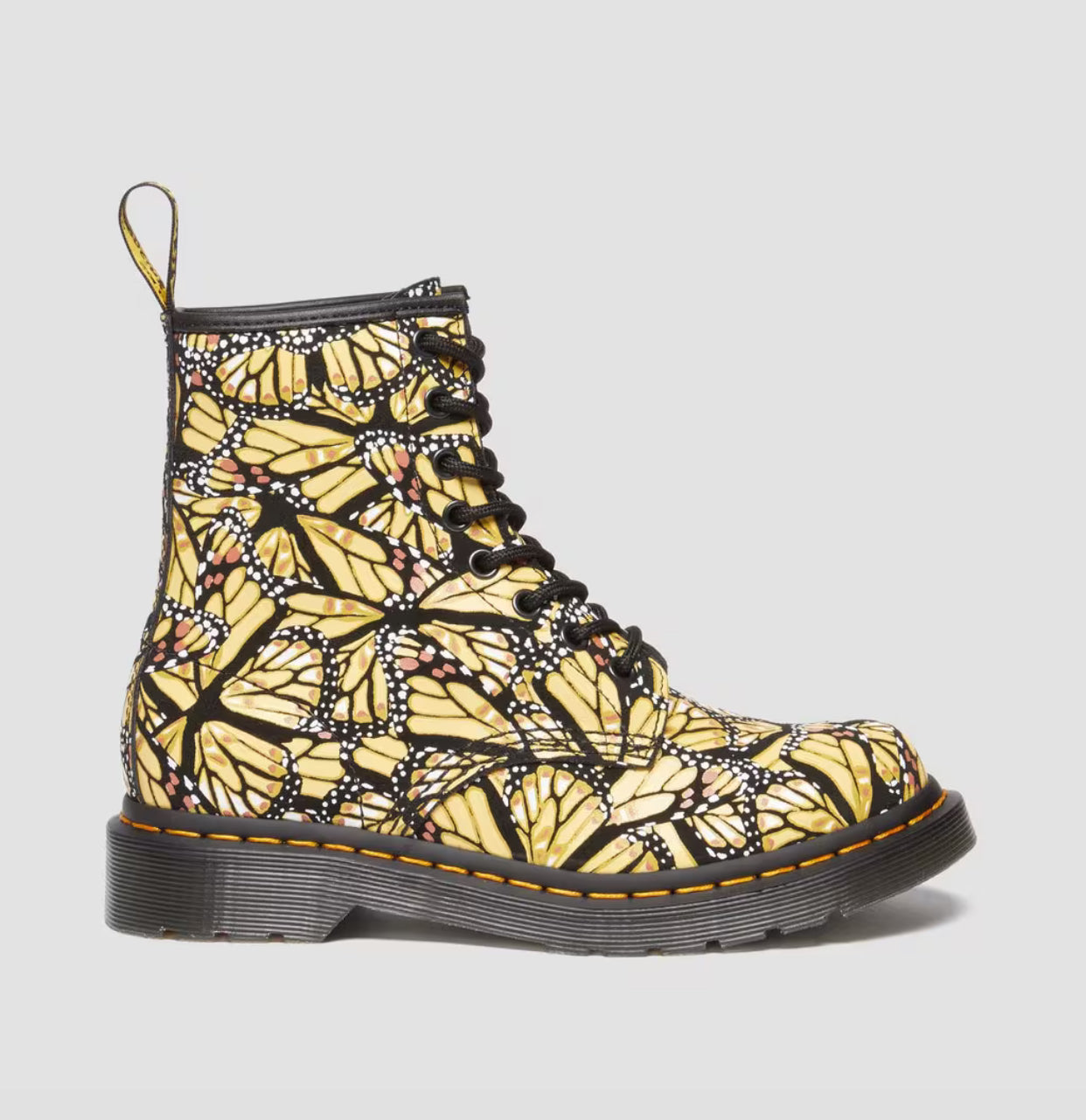 Dr. Martens 1460 W Yellow Butterfly Print Suede Layered Wing Floral Ankle 8 Eyelet Boot
