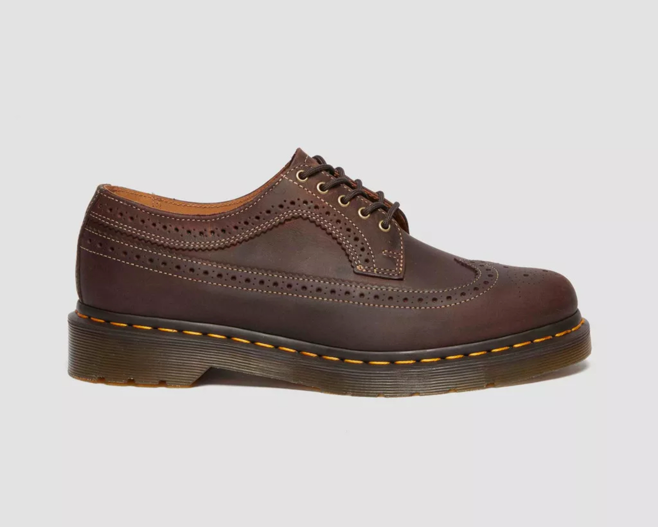 Dr. Martens 3989 Dark Brown Crazy Horse Leather Yellow Stitch Brogue 5 Eyelet Shoe