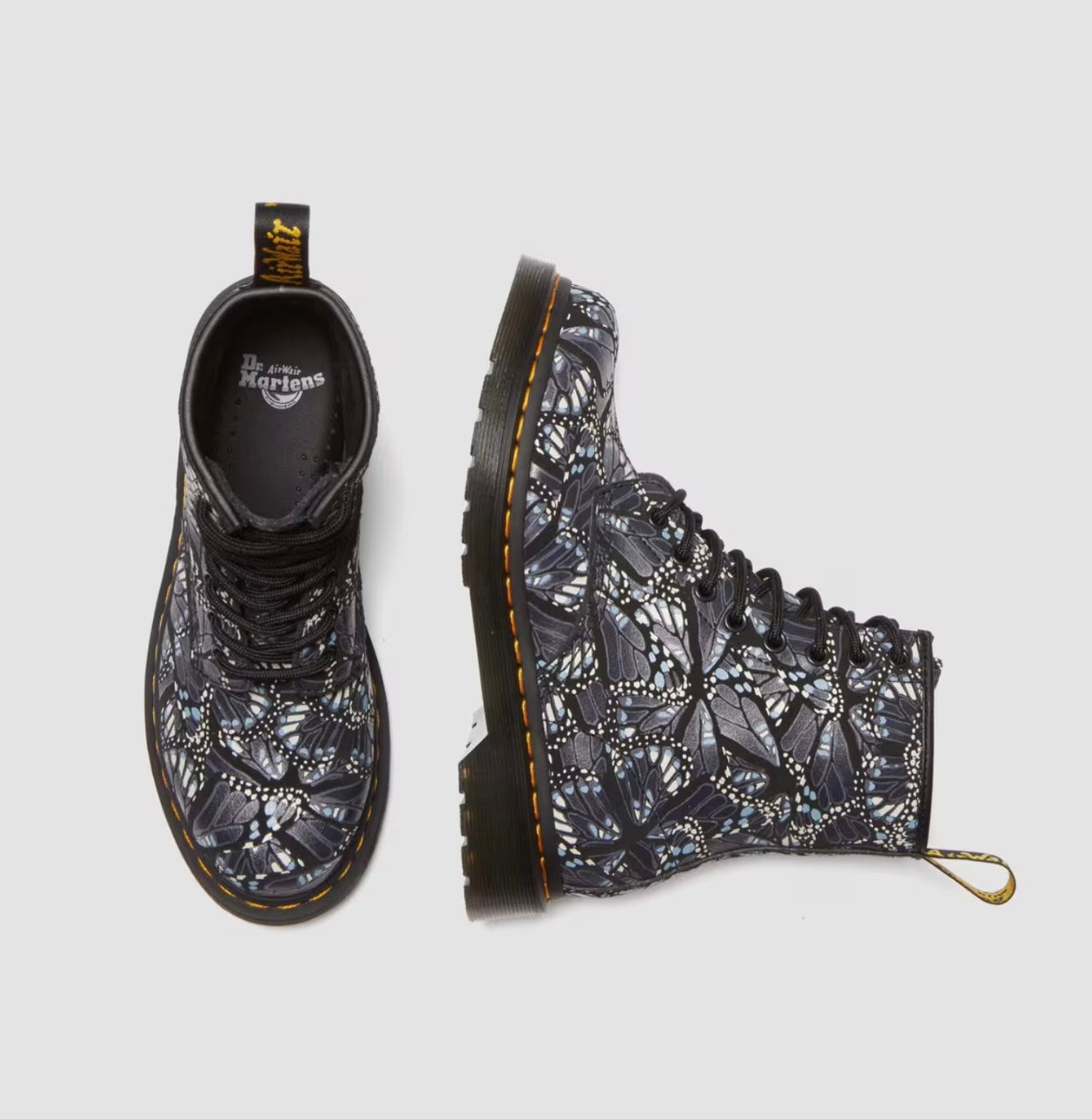 Dr. Martens 1460 W Grey Butterfly Print Suede Layered Wing Floral Ankle 8 Eyelet Boot