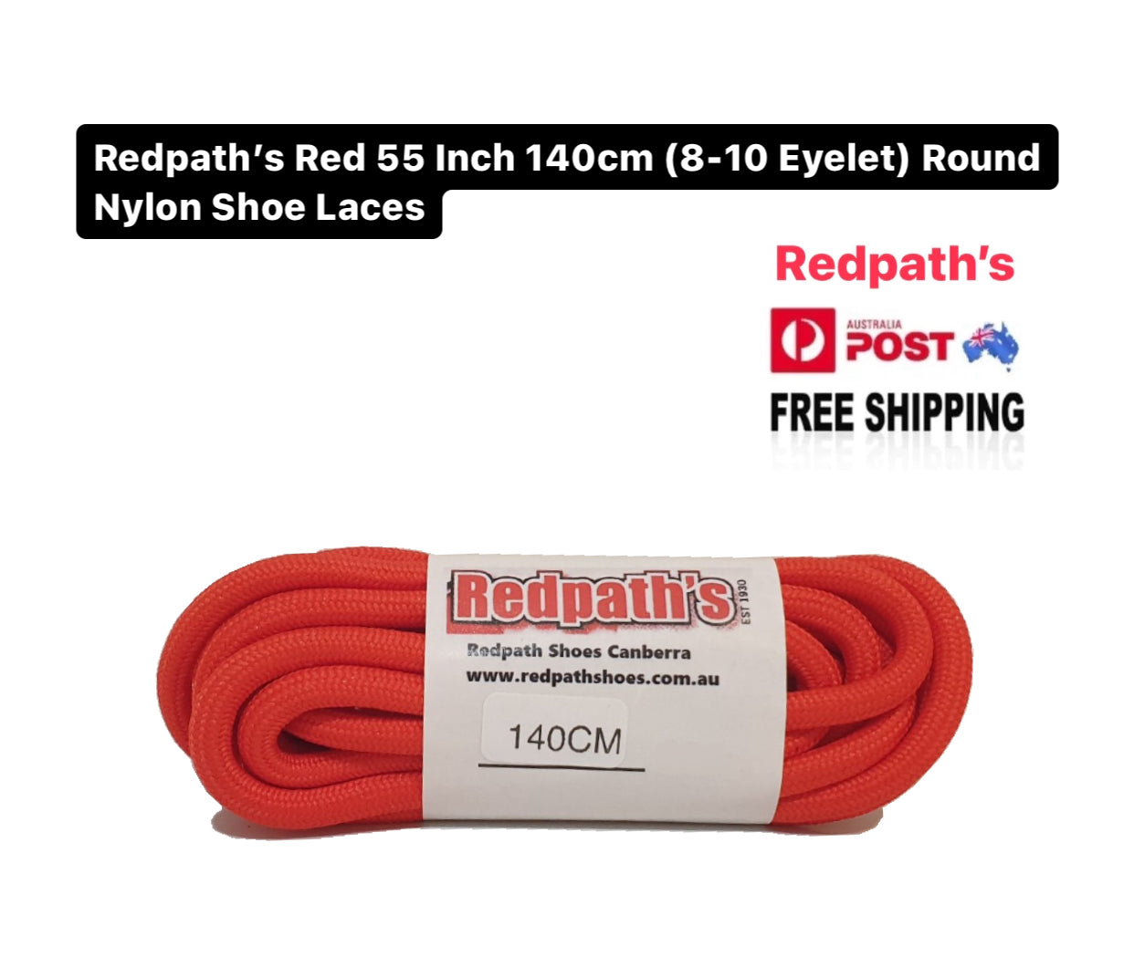 Redpath’s Red 55 Inch 140cm (8-10 Eyelet) Round Nylon Shoe Laces