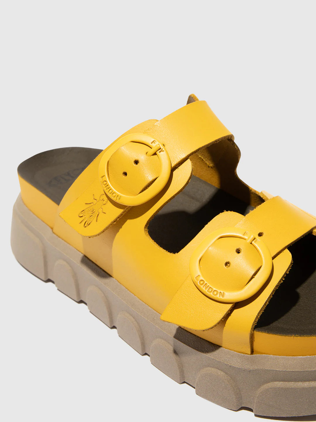 Fly London Cide946Fly Yellow Brooklyn Leather 2 Buckle Mules Wedge Slide Made In Portugal