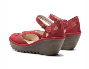 Fly London Yuna Lipstick Red Cupido Leather Buckle Wedges Made In Portugal