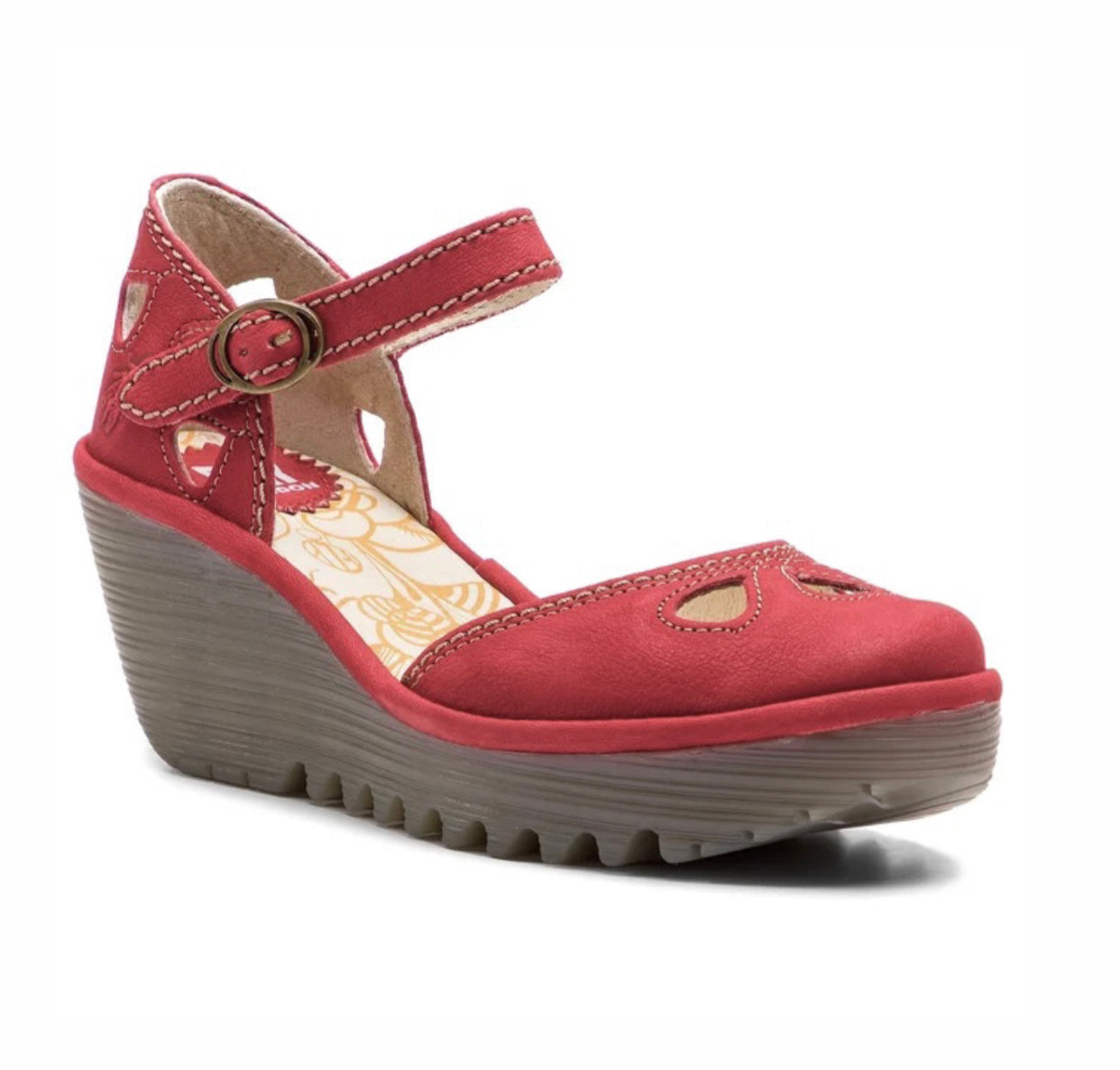 Fly London Yuna Lipstick Red Cupido Leather Buckle Wedges Made In Portugal