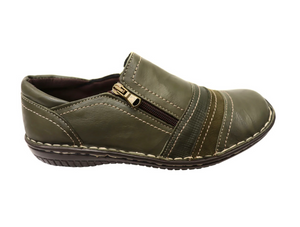 Cabello Comfort 5849-27 Khaki Green Crinkle Zip Shoe Made In Turkey