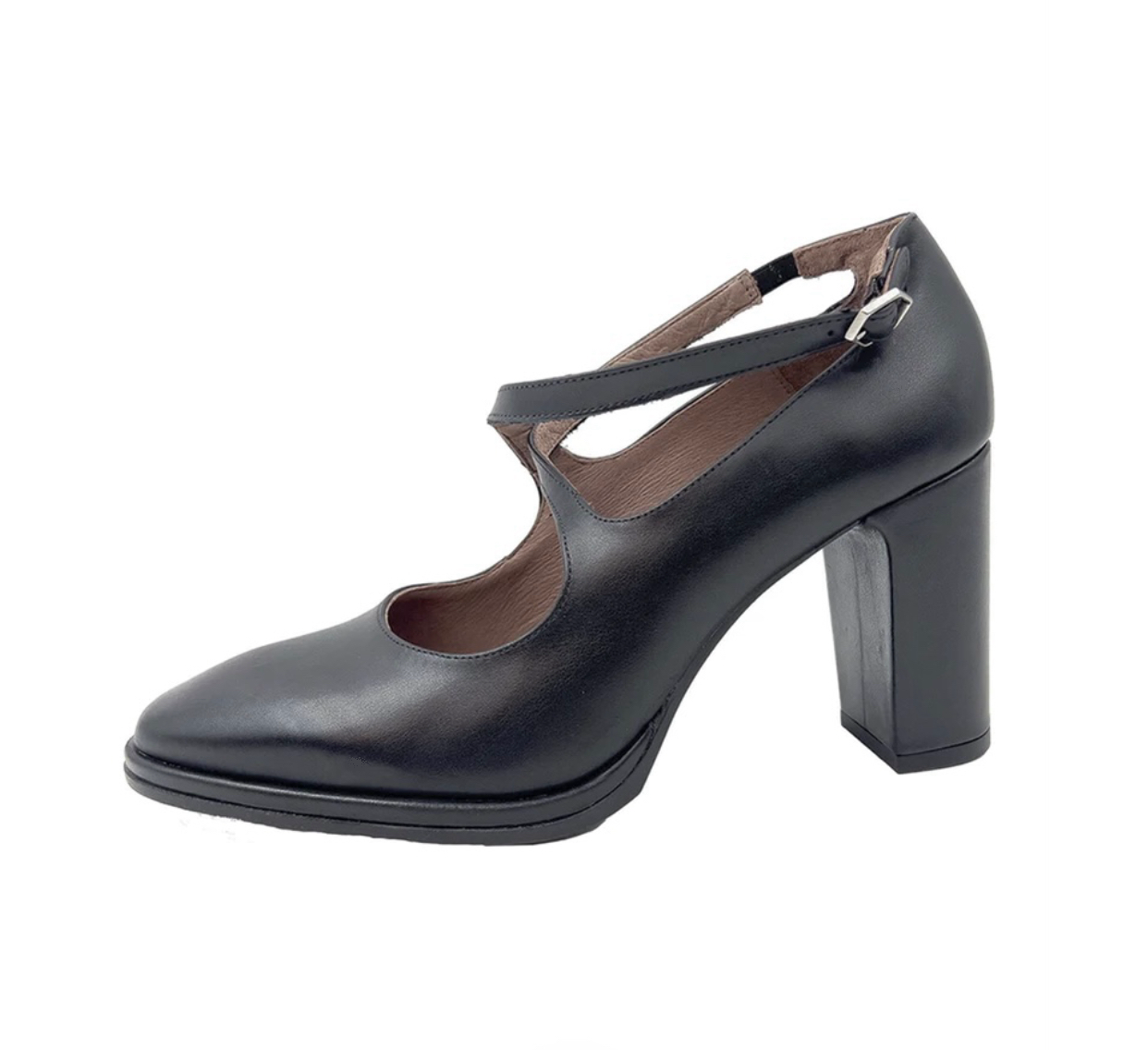 Wonders M-5131 Bora Negro Black Leather Buckle Double Strap Court Shoe Made In Spain