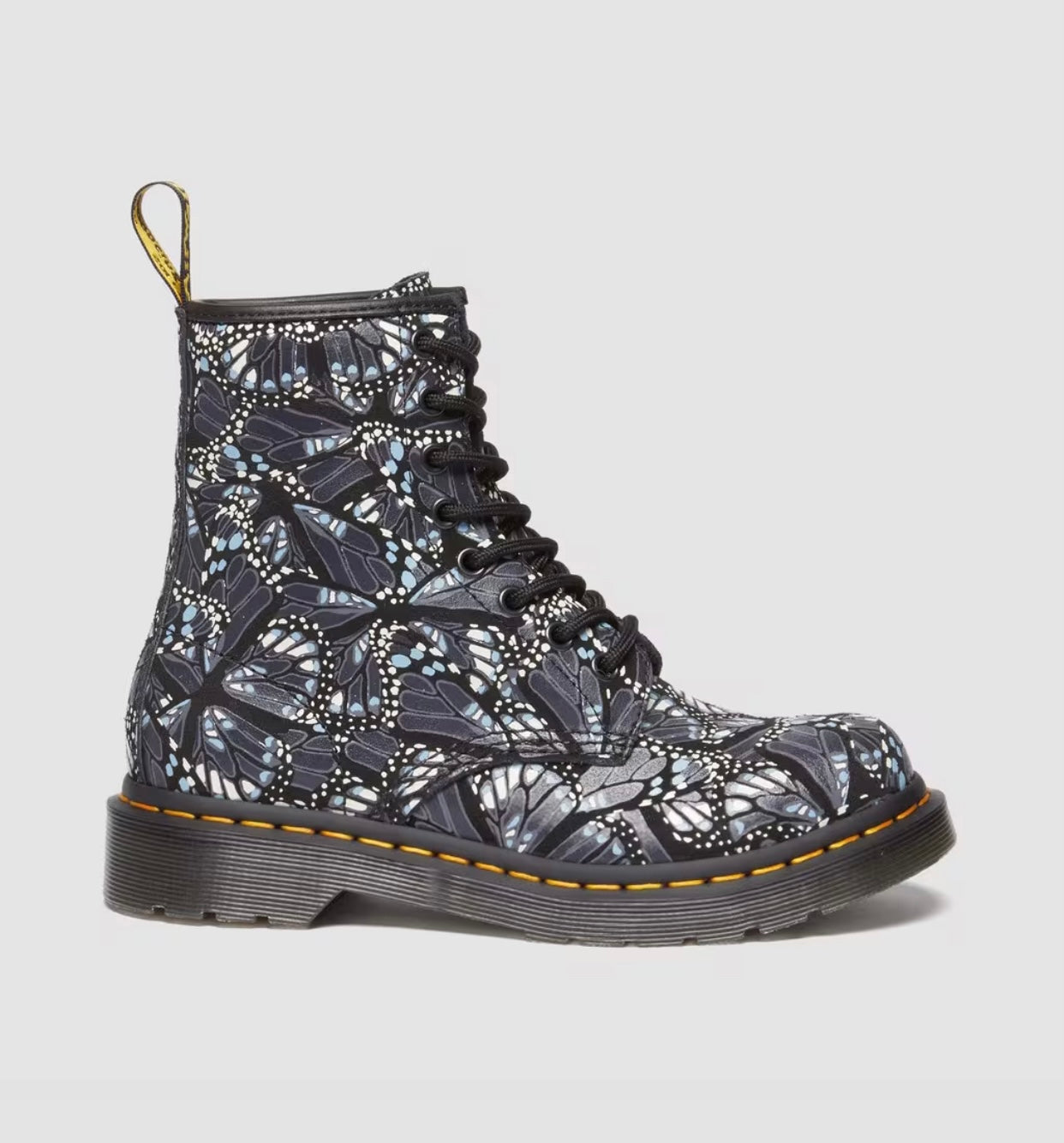 Dr. Martens 1460 W Grey Butterfly Print Suede Layered Wing Floral Ankle 8 Eyelet Boot