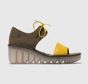 Fly London Bilu465Fly Yellow Khaki 2 Eyelet Lace Up Wedge Made In Portugal
