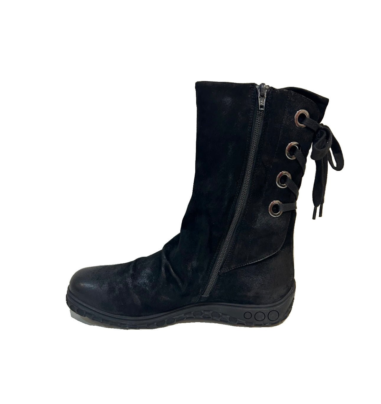 Martini Marco Lusty Poncho Black Suede Leather Back Lace Up Mid Calf Boots