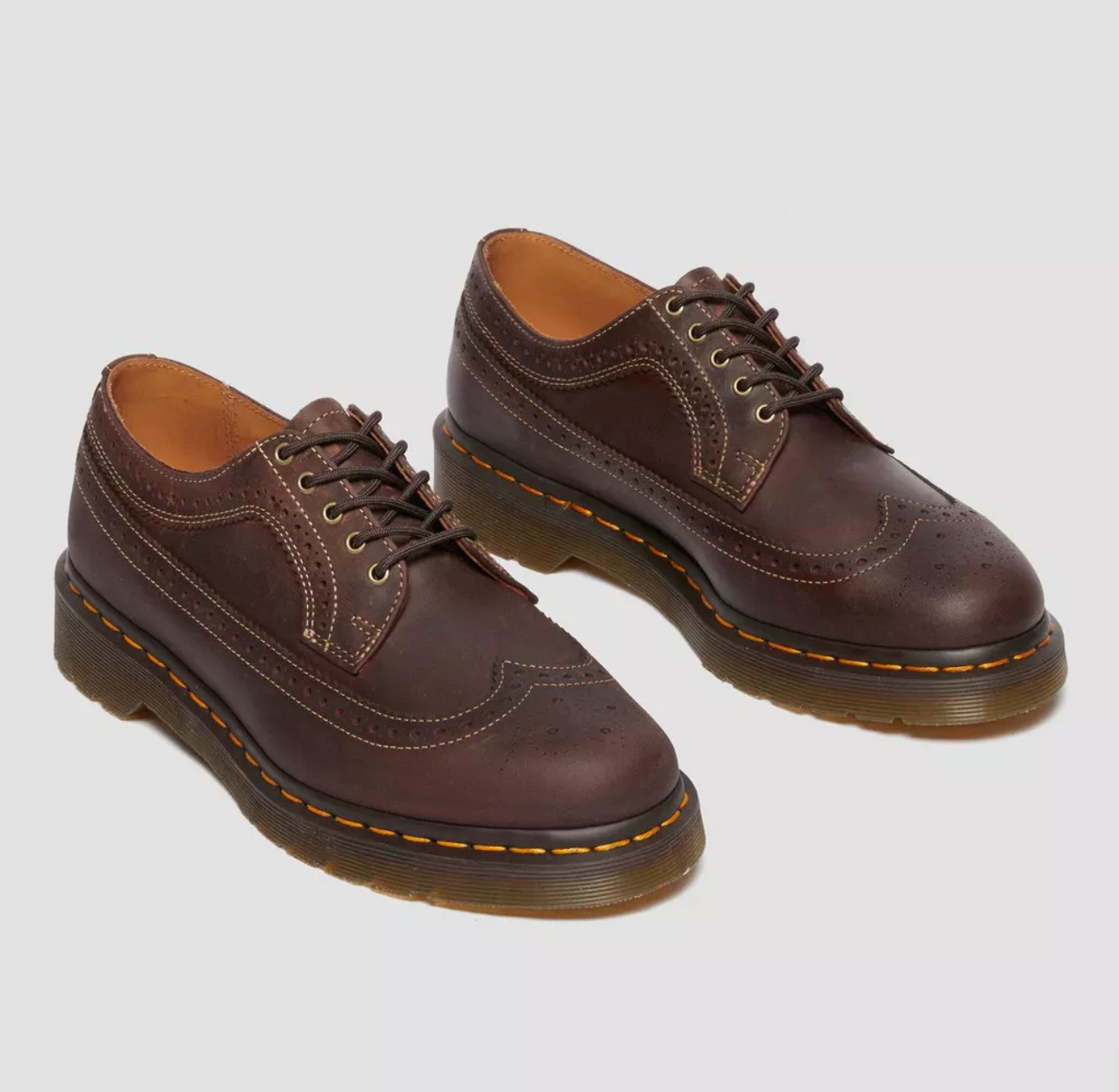 Dr. Martens 3989 Dark Brown Crazy Horse Leather Yellow Stitch Brogue 5 Eyelet Shoe