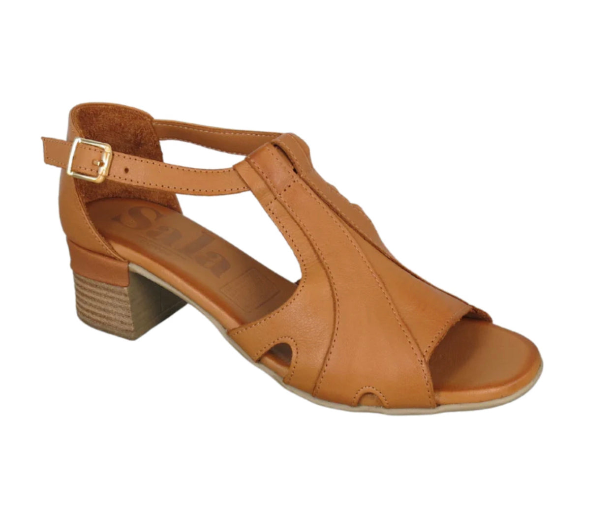 Sala Europe Noeli Coconut Light Tan Open Toe T-Bar Court Shoe Made In Turkey