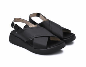 Wonders C-4426 Black Negro Pergamena Leather Cross Over Straps Sandals Made In Spain