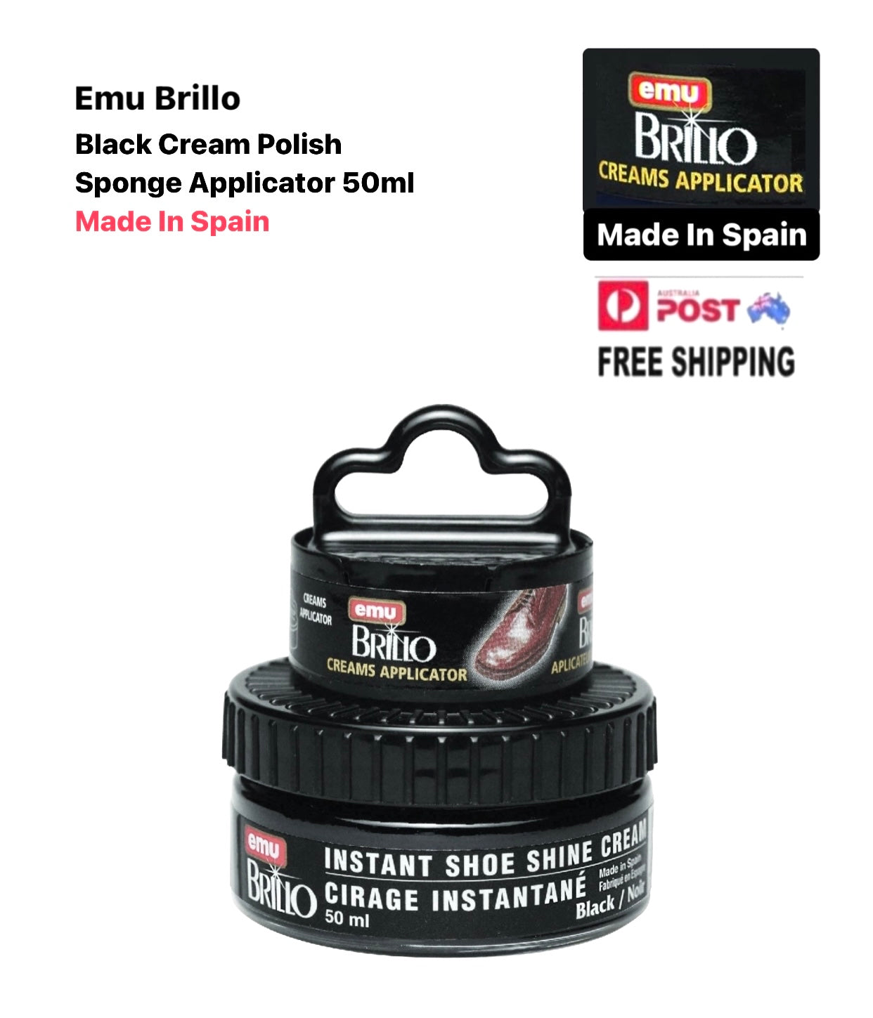 Emu Brillo Black Renovating Cream Polish Sponge Applicator 50ml Made In Spain