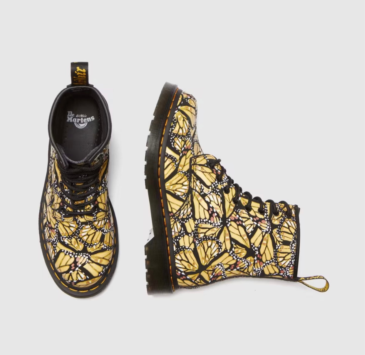 Dr. Martens 1460 W Yellow Butterfly Print Suede Layered Wing Floral Ankle 8 Eyelet Boot