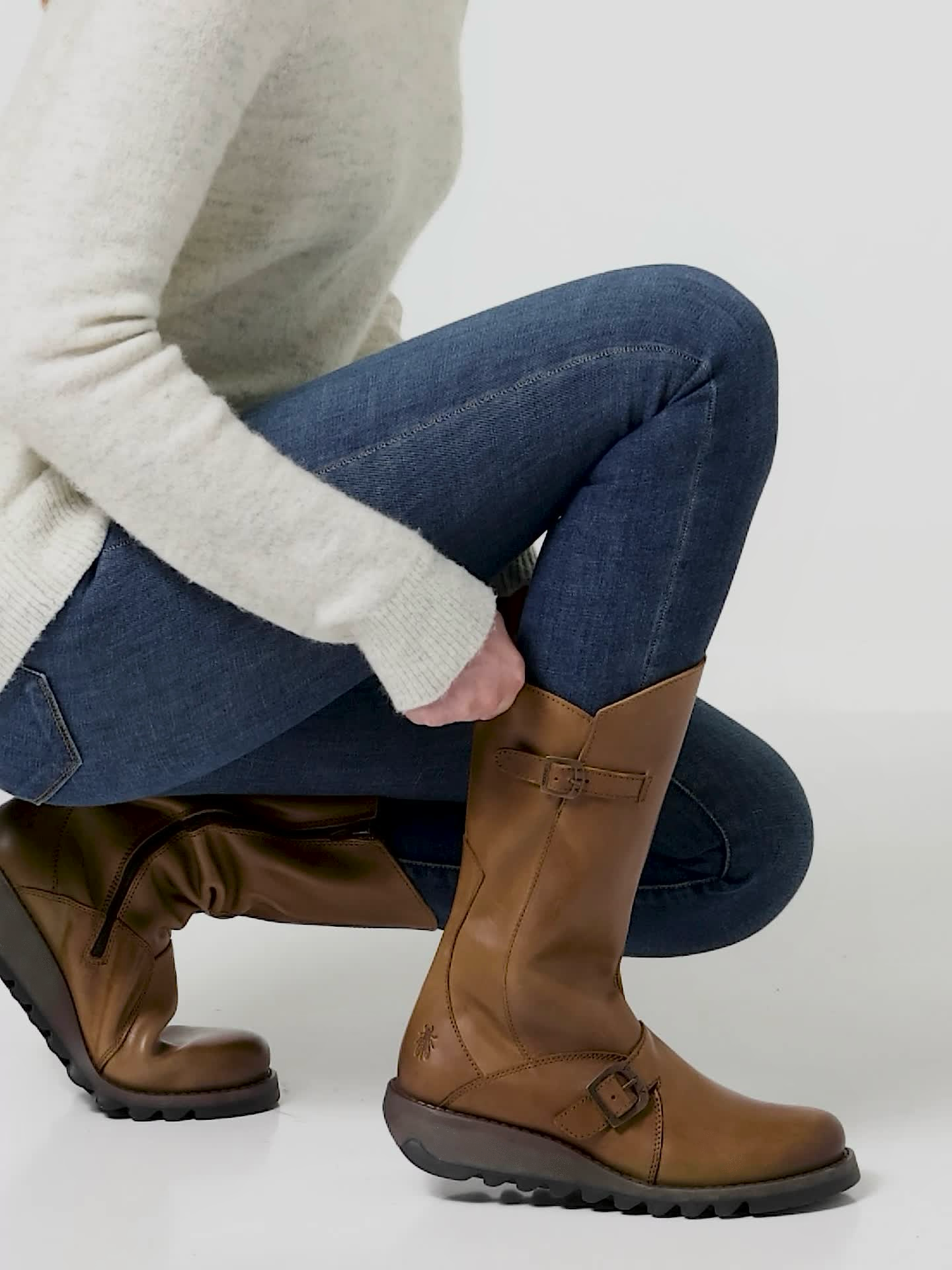 Fly London Mes 2 Camel Light Tan Rug Leather Zip Mid Calf Wedge Boots Made In Portugal