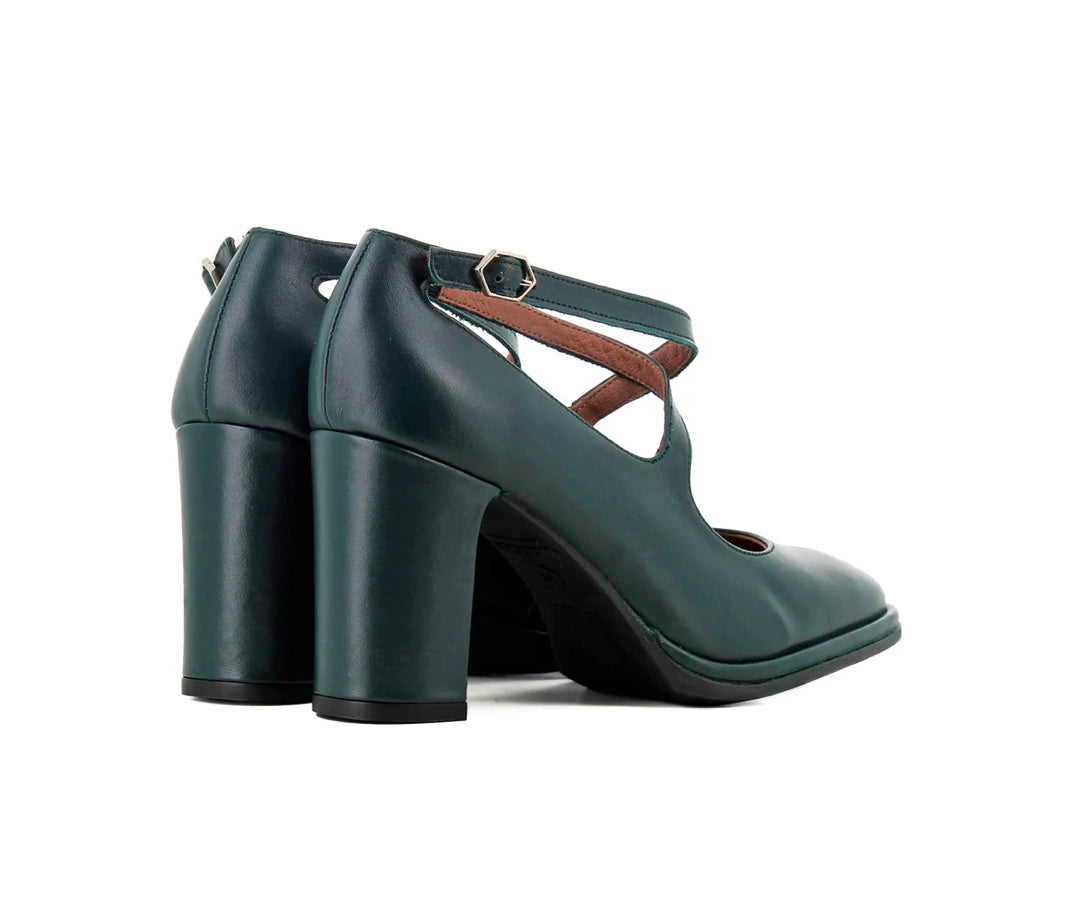 Wonders M-5131 Irati Dark Green Bora Leather Buckle Double Strap Court Shoe Made In Spain